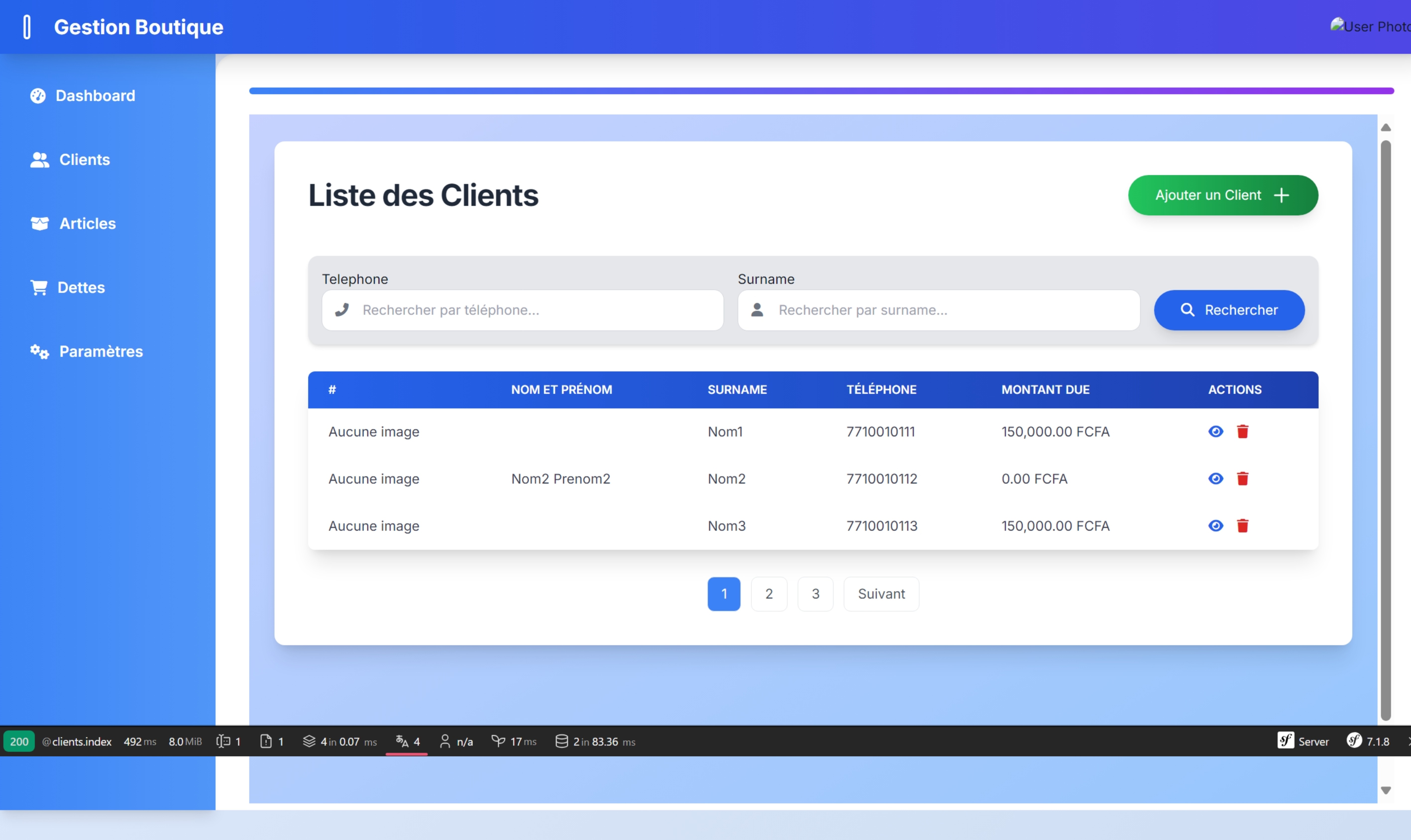 Gestion de dettes pour une boutique